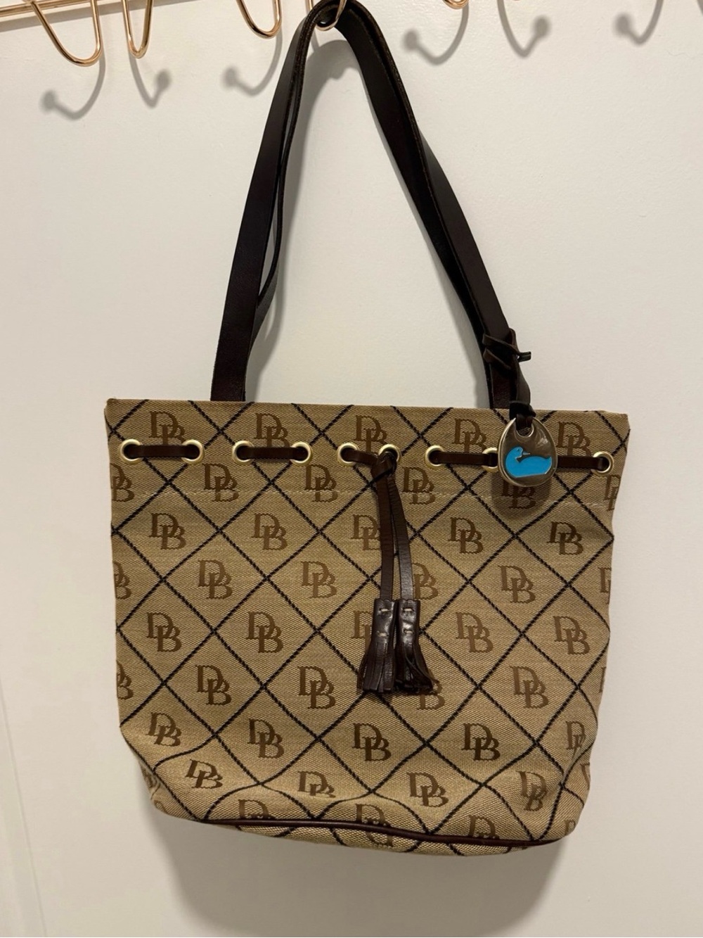DB Patterned Brown Tote Bag with Tassel and Charm